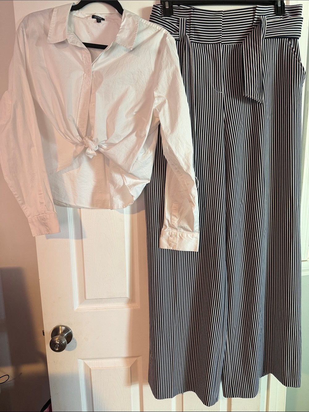 Express White Tie-Front Shirt & Striped Wide Leg Pants Set XL / 16